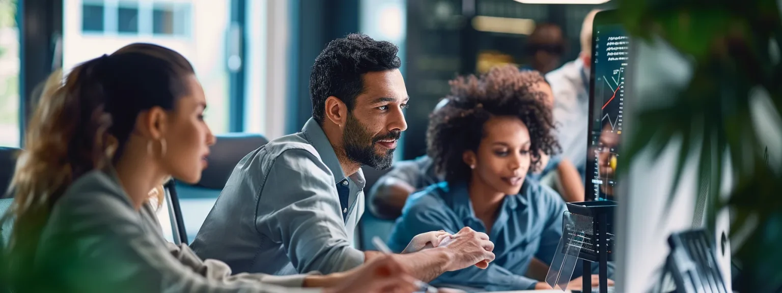 Three business professionals are sitting at a desk discussing Qvidian vs Loopio